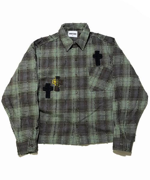 Cross Tassel Check Shirt ((khaki))