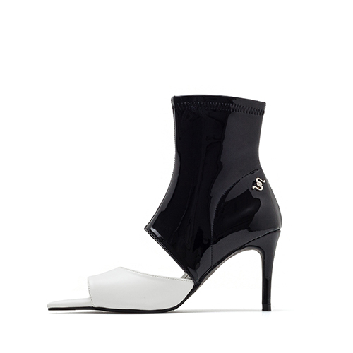 Two-tone patent open-toe heels
