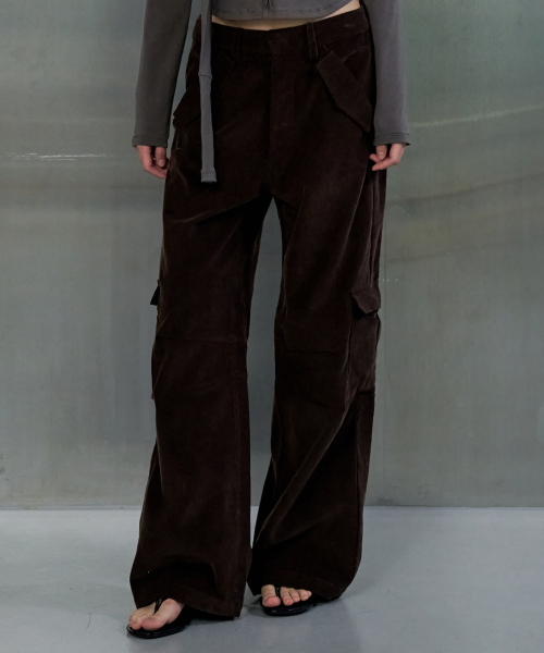CORDUROY SEMI WIDE CARGO PANTS - BROWN