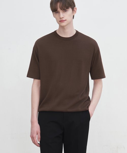 MUSINSA DRAW FIT Airy Round Short Sleeve Knitwear Dark Brown