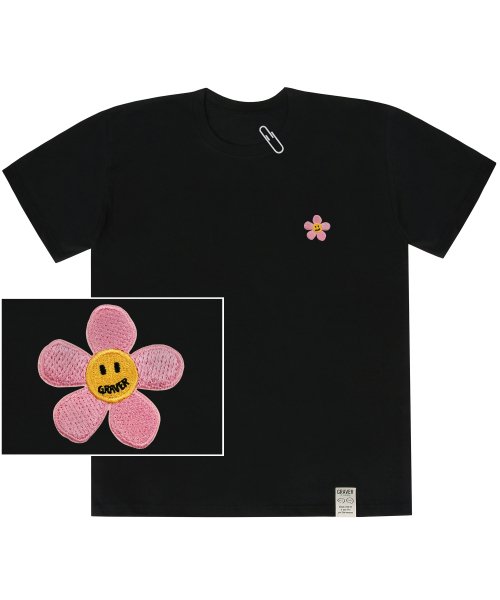 MUSINSA GRAVER UNISEX Pink Flower Embroidery Short Sleeve Tee Black