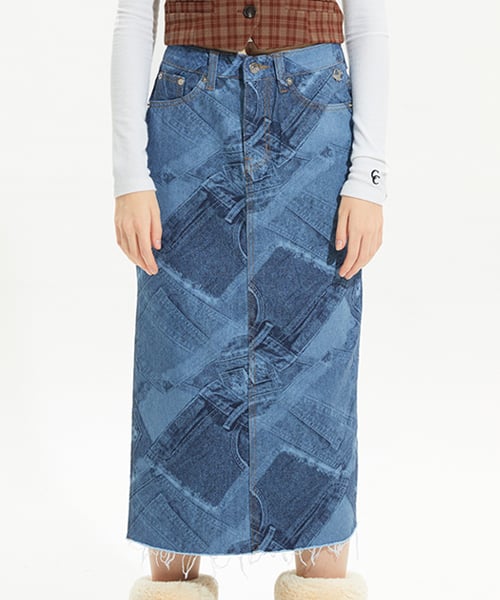 CRANK - Denim Printed Long Skirt_Blue