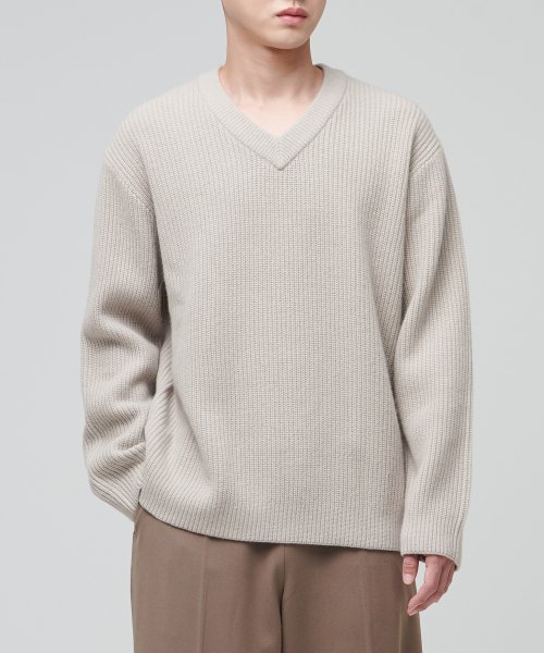 MUSINSA MUSINSA STANDARD LAMBSWOOL RIBBED V NECK SWEATER MUSHROOM