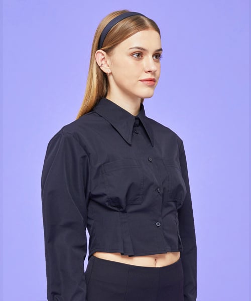 WOMENS CROPPED SLIM LONG SLEEVE SHIRT BLOUSE [BLACK]