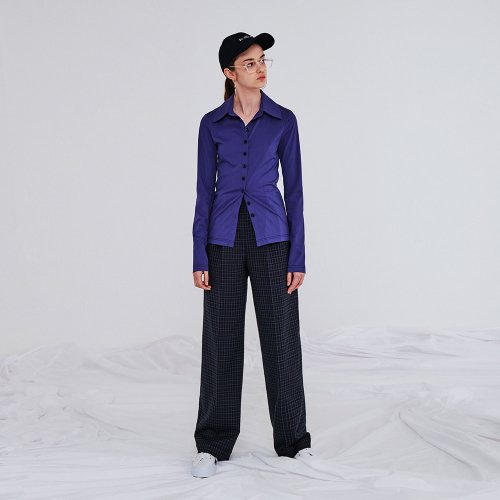 CHECK TWO TUCK SLACKS CHECK BLUE