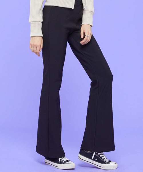 KOLEAT - [FLEECE LINED] LONG SLIM ELASTIC WAIST BOOTCUT SLACKS [BLACK]