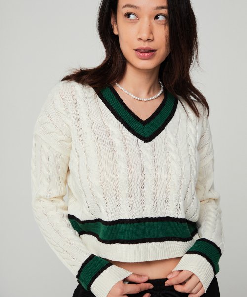 MUSINSA AWESOME STUDIO V Neck Color Combination Cropped Knit Ivory