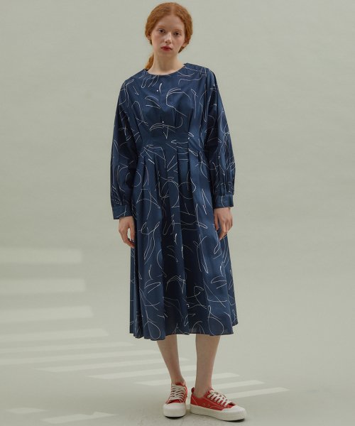 MANAVIS7 - Scribble Cotton Dress Navy