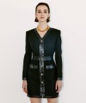 채뉴욕(CHAENEWYORK) Vneck Leather Trim Tweed Dress [Black Leather]