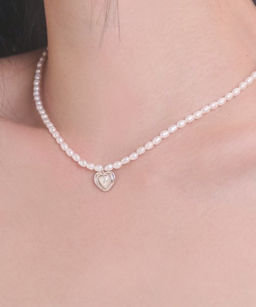 [SILVER] FRAME HEART PEARL P PEARL NECKLACE