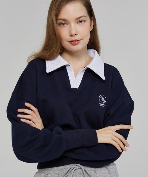 MUSINSA AWESOME STUDIO Women S Collar Color Crop Sweatshirt Deep Navy