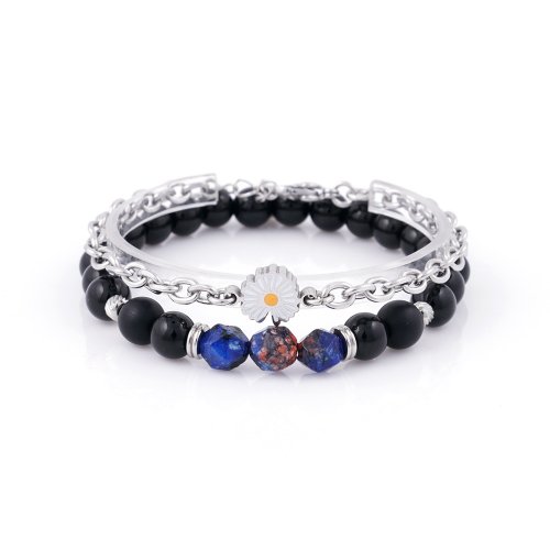 JBANS CLASSIC - Daisy Surgical Steel 797 Cut Blue Lapis Onyx 895 Gemstone Bracelet Set (C2301-SE277_BK)