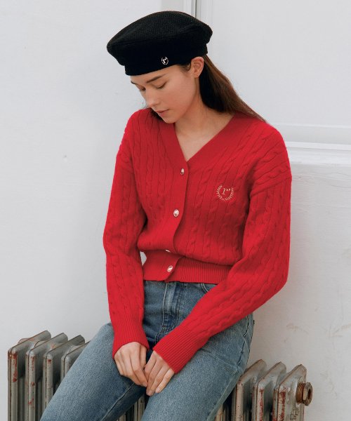 Musinsa Rolarola V Neck Cable Cardigan Red