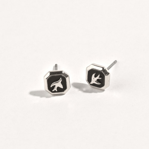GAMAN - Silver Onyx Bird Stud Earrings