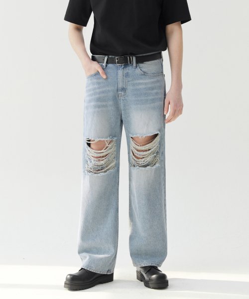 MUSINSA TRILLION Newtro Destroyed Damage Wide Denim Pants BLEACH BLUE