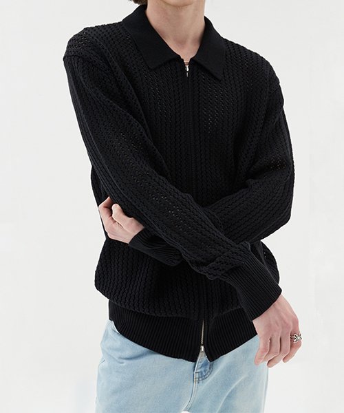 Musinsa Lemard Scasi Collar Knit Zip Up Black