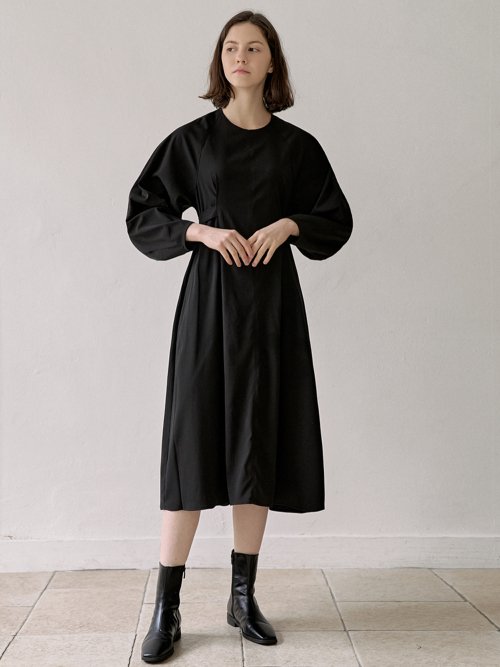 AVANT-G - Waist Strap Volume Sleeve Dress - BLACK
