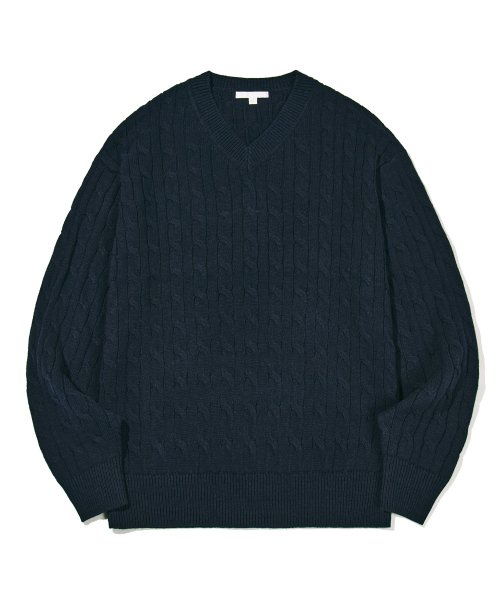 Musinsa Kiimuir Cotton Washable Cable V Neck Knit Navy