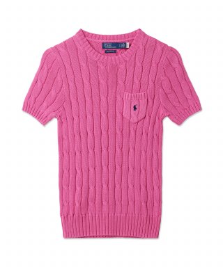 W 케이블 니트 코튼 숏 슬리브 스웨터 - 핑크