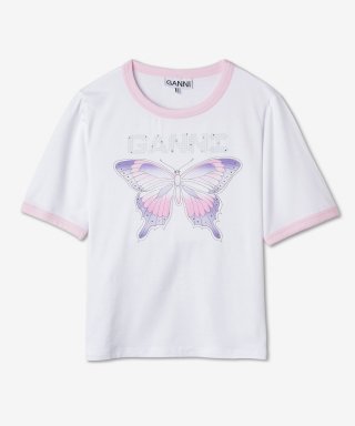 여성 버터플라이 프린트 반소매 티셔츠 - 화이트 / T3353151