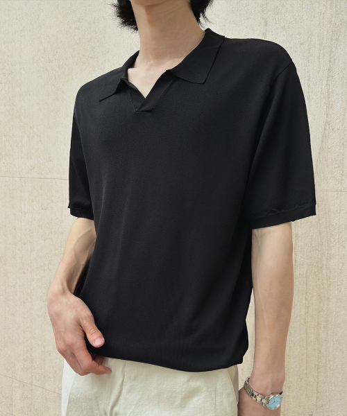 MUSINSA AGAINST ALL ODDS Open Collar Short Sleeve Knit Black