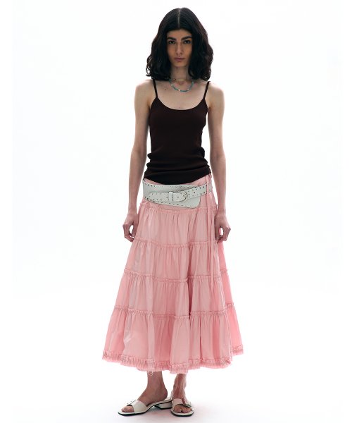 MUSINSA PARTIMENTO WOMEN Cut Off Belted Tiered Midi Skirt Pink