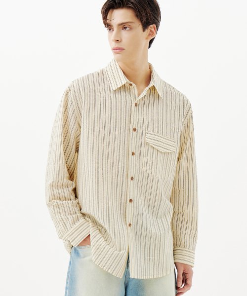 MUSINSA TRILLION Resort Seersucker Stripe Overfit Shirt IVORY