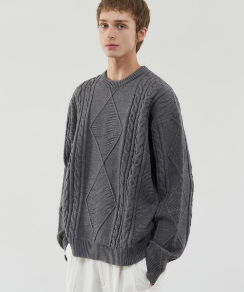 MUSINSA DRAW FIT Soft PBT Cable Crew Neck Knit GREY