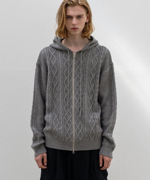 Musinsa Basemoment Cable Hood Knit Zip Up Melange Gray