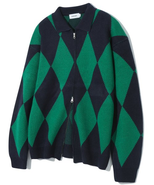 MUSINSA公式 BASEMOMENT Argyle collar knit zip up green