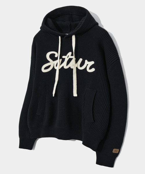 MUSINSA SATUR Applique Logo Cashmere Blend Hooded Knit Classic Black