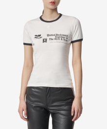 콘트라스트 프린트 로고 패치 반소매 티셔츠 - 화이트:블랙 / 323JTS017JS00930098