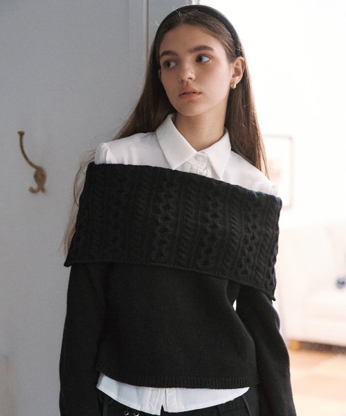 MUSINSA LETTER FROM MOON Youth Off Shoulder Wool Sweater Black