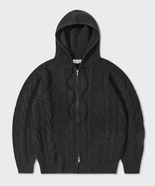 Musinsa Glw Overfit Collar Cable Hood Knit Zip Up Black