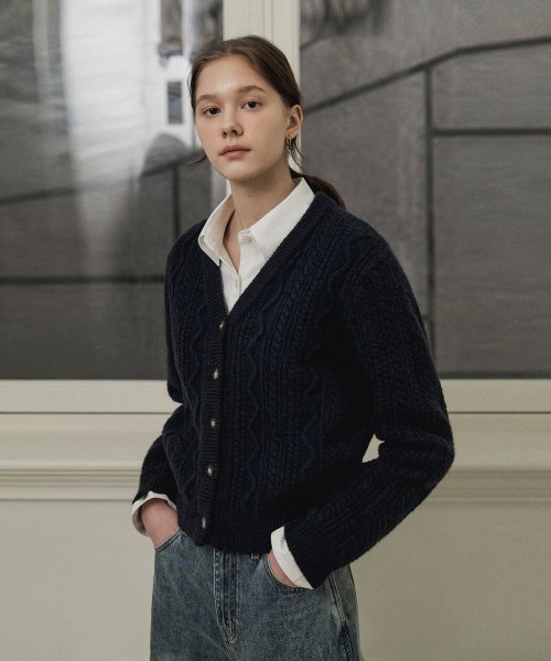 Musinsa Lafudge For Woman Woman Wool V Neck Cable Knit Cardigan Navy