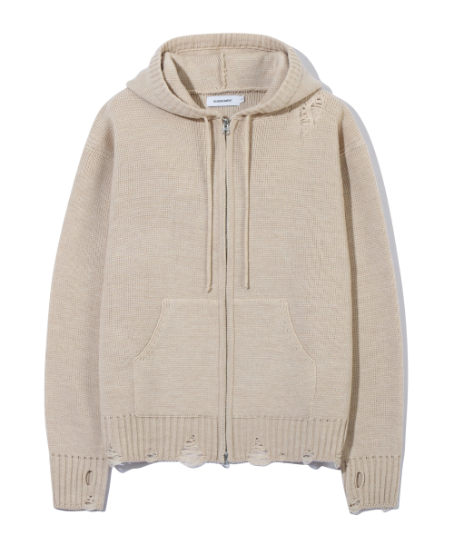 Musinsa Basemoment Destroyed Hood Knit Zip Up Oatmeal Beige