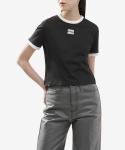 미우미우(MIU MIU) 여성 로고 크롭 반소매 티셔츠 - 블랙 / MJN52214ELF0002