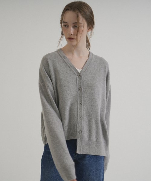 MUSINSA VLETI V Neck Unbalanced Knit Cardigan Gray