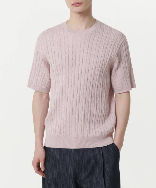 MUSINSA MUSINSA STANDARD Cable Crew Neck Short Sleeve Knit Desert Pink