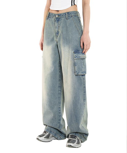 Musinsa Oddstudio Sand Washed Cargo Wide Denim Pants Light Blue