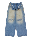 선데이오프클럽(SUNDAYOFFCLUB) Double Waist Distressed Denim Jeans - Washed Blue