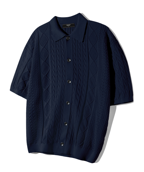 MUSINSA TRILLION Washable Cable Half Sleeve Button Up Knitwear NAVY