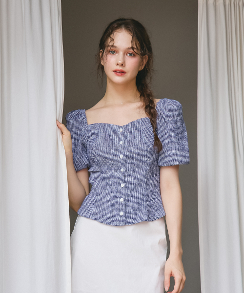 Musinsa Vemver Heart Neck Puff Sleeves Blouse Blue