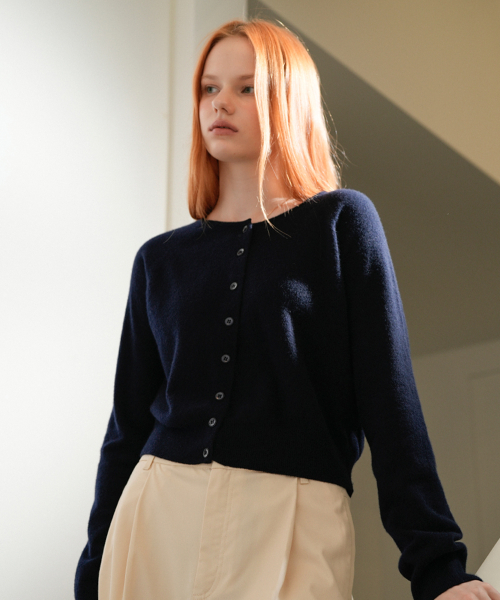 MUSINSA VLETI Wool 100 Round Knit Cardigan Navy