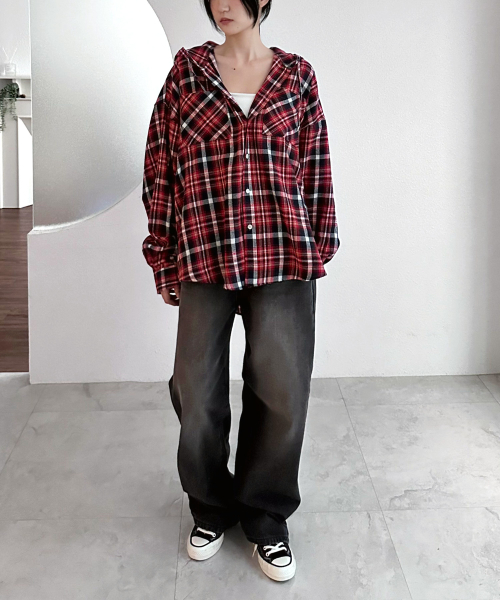 MUSINSA公式 UMM Women s Overfit Two Pocket Hooded Check Shirt Red