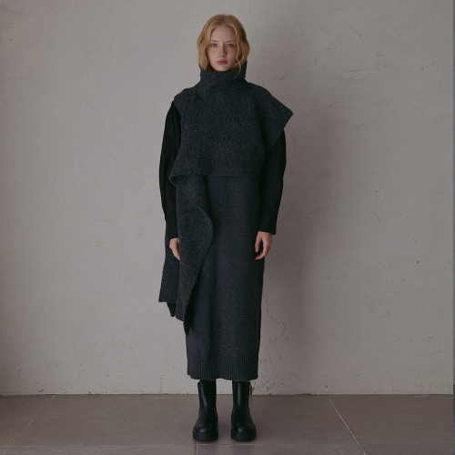 Poncho Cape Wool Muffler - Charcoal