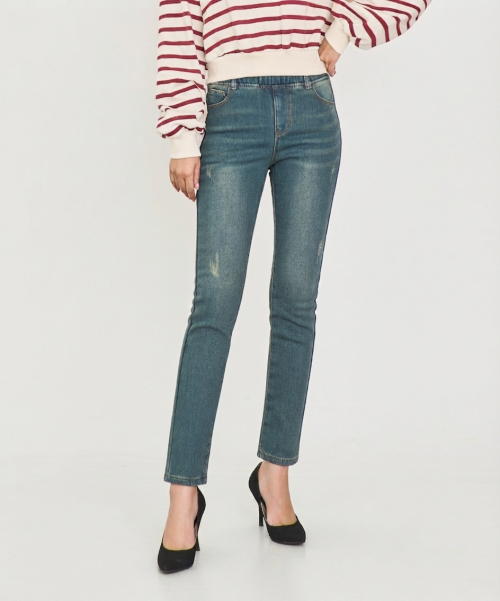 Bonded fleece hidden waistband slim fit straight denim (Blue)