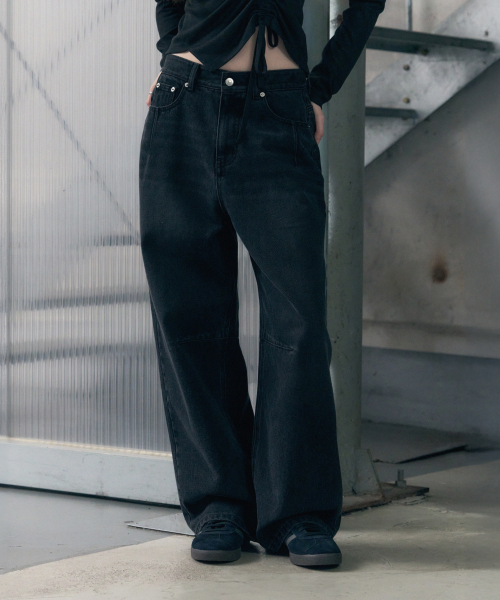 Balloon Fit Wide Denim Pants [BLACK]
