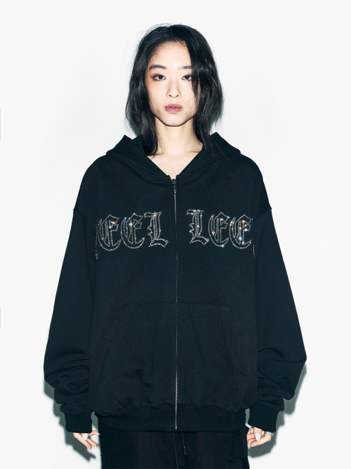 MUSINSA公式 L E E Y STUDDED ZIP UP HOODIE OVERSIZED BLACK