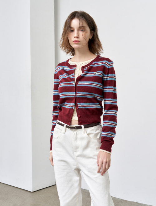 MUSINSA GENERAL IDEA Multi Stripe Crew Neck Cardigan BURGUNDY